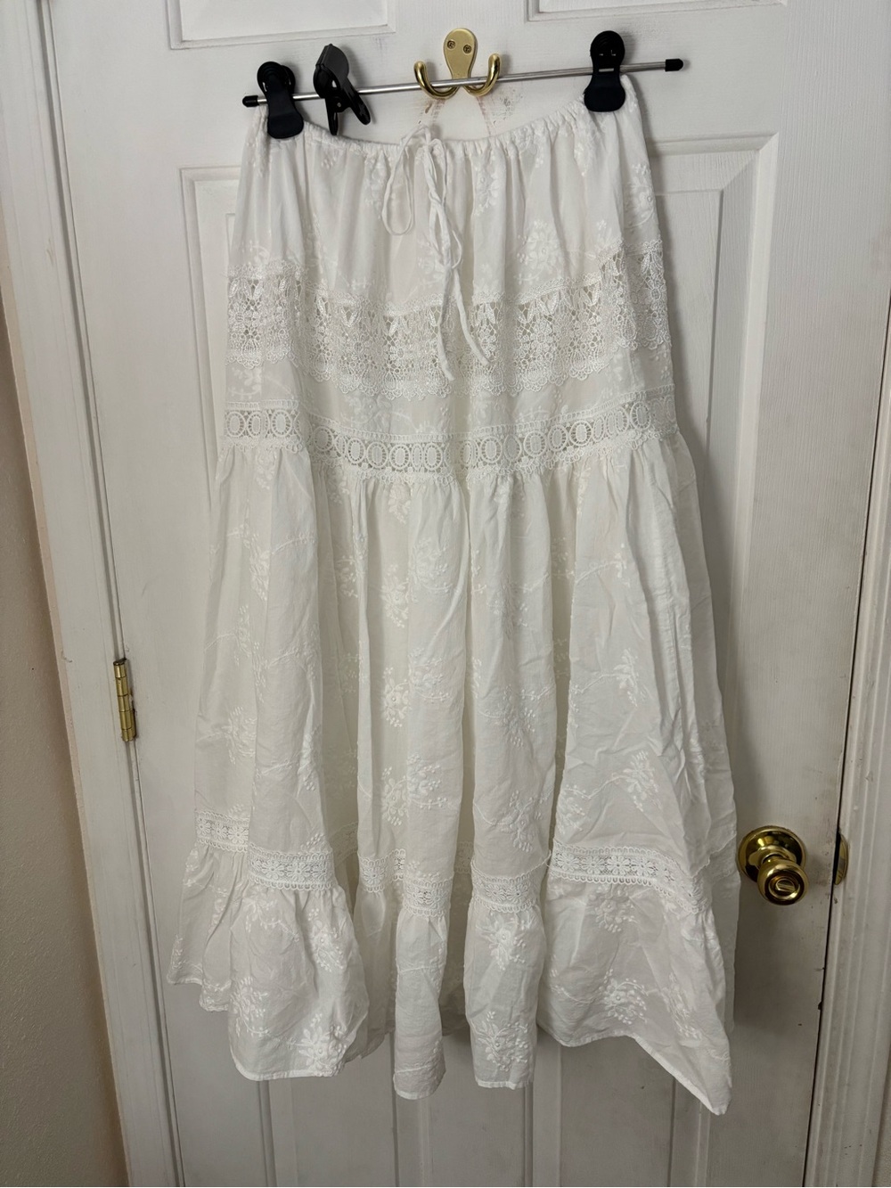 Women's White Lace Tiered Maxi Skirt - Boho Embroidered